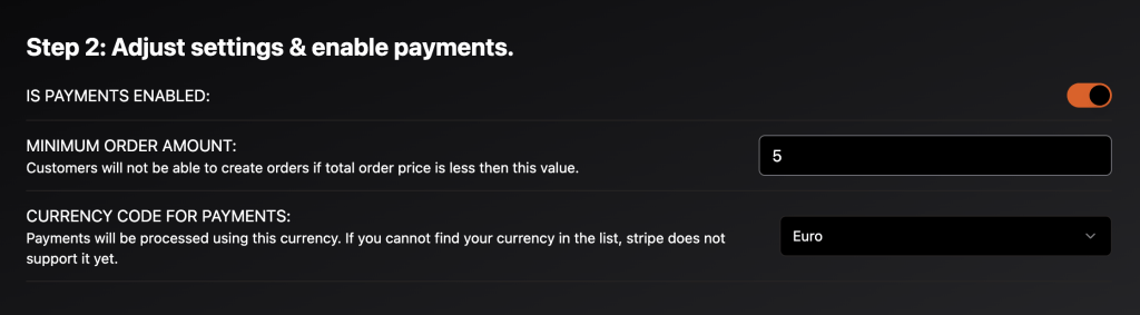 elegant menu payments settings